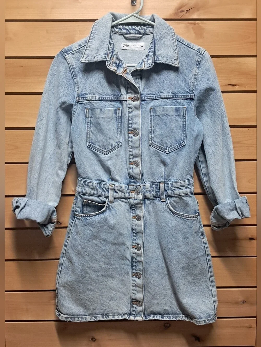 Zara Light Wash Elastic Waist Short Button Up Denim Dress Size XS - Picture 2 of 4